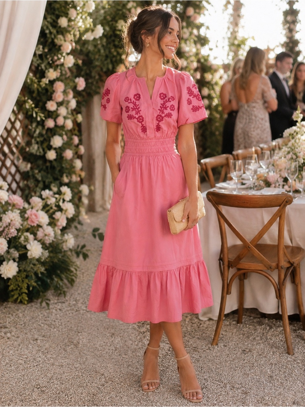 NWT French Connection XS Pink Embroidered Floral Midi Dress Smocked Waist Pocket